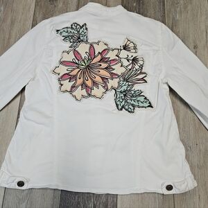 Chico's Embroidered Back White Jean Jacket Stretch Snap Up Women's Medium 1